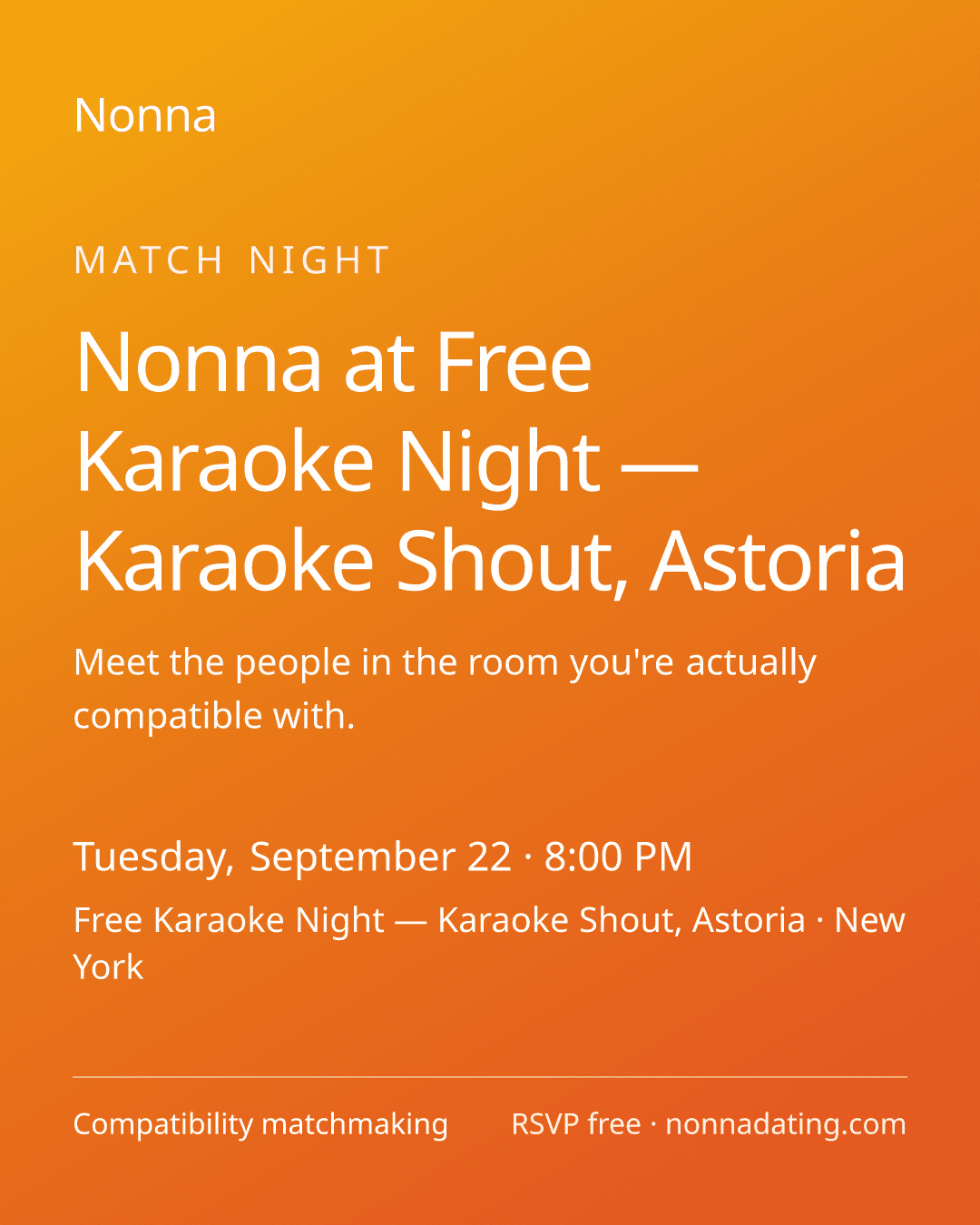 Nonna Karaoke Singles Night @ Karaoke Shout, Astoria · Tue, Sep 22 event image