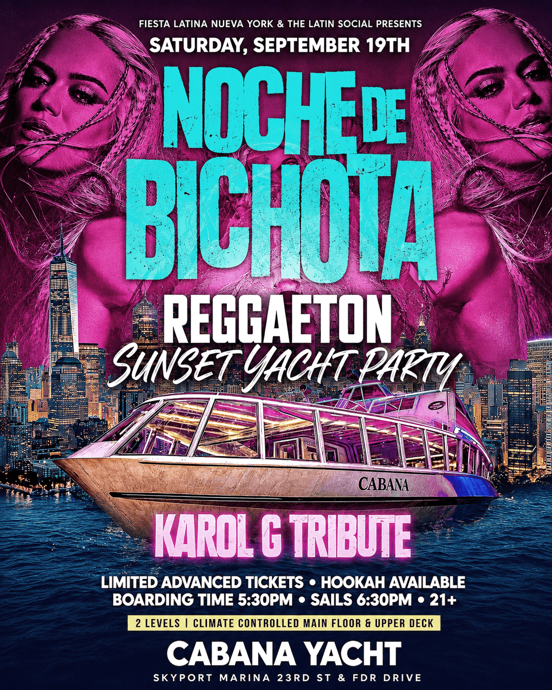 Sat, 9/19: Noche de Bichota: Reggaeton Sunset Yacht Party | Karol G Tribute event image