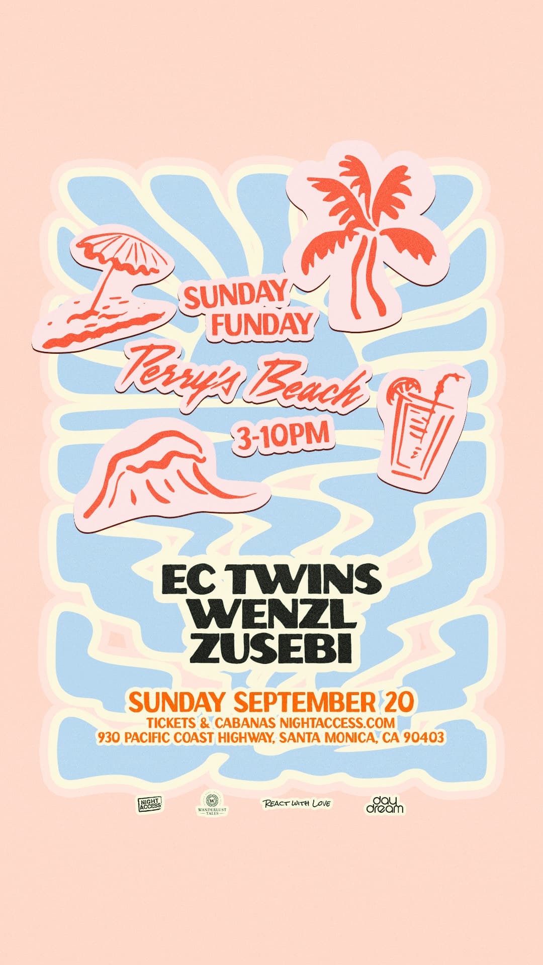 SUNDAY FUNDAY | SPECIAL GUEST |EC TWINS•WENZL•ZUSEBI | Perry’s Beach Club • Santa Monica Beach Sun, Sep 20th event image