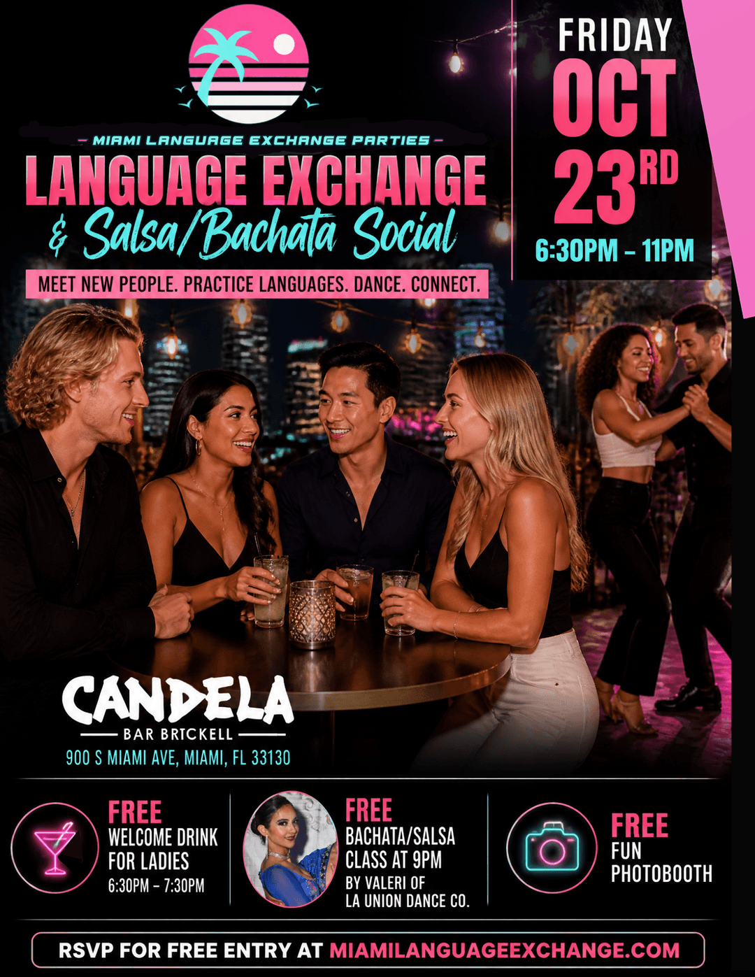 Miami Language Exchange Parties💃 Salsa/Bachata in Brickell + Free Drink & Class event image
